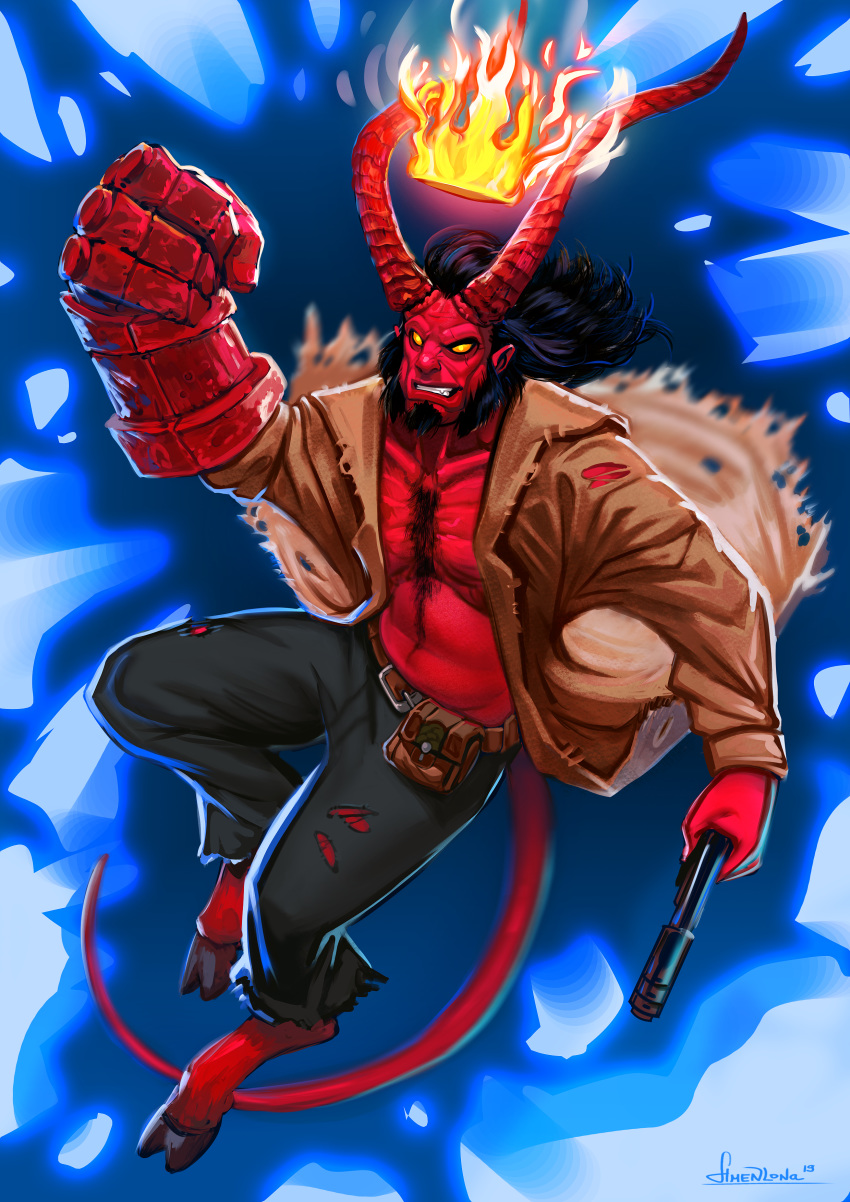 2019 absurd_res amenlona black_hair cambion demon digital_media_(artwork) hair hellboy_(character) hellboy_(series) hi_res hooves horn male solo teeth yellow_eyes