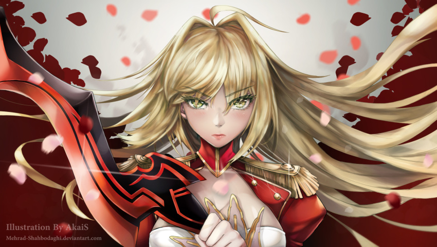 ahoge akaisu artist_name blonde_hair breasts cleavage commentary dress fate/extra fate/grand_order fate_(series) female floating_hair green_eyes highres holding holding_sword holding_weapon large_breasts long_hair looking_at_viewer nero_claudius_(fate) nero_claudius_(fate/extra) photoshop_(medium) solo sword upper_body watermark weapon web_address