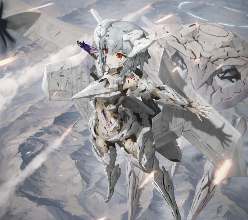 ace_combat ace_combat_7 aircraft airplane amputee android arm_up arms_up arsenal_bird blood blood_on_face body_armor bullet_hole character_name commentary_request damaged day female flying from_above glowing halo highres human_shield injury mecha_musume mechanical_parts missile missile_trail missiles mountain mq-101 outdoors pale_skin personification propeller red_eyes robot shadow short_hair silver_hair smoke smoke_trail tom-neko_(zamudo_akiyuki) war