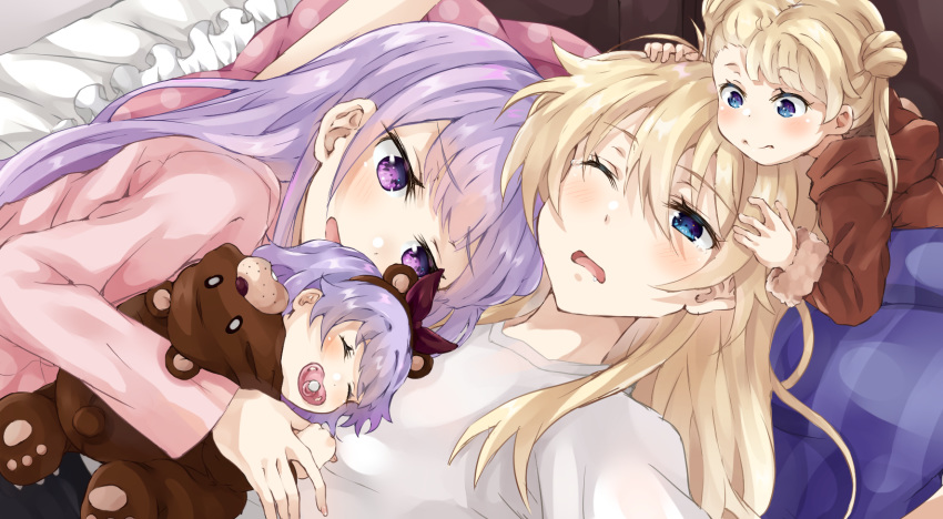 4girls animal_costume baby bear_costume bear_hair_ornament blue_eyes blush closed_mouth commentary double_bun hair_bun hair_ornament hairband head_on_another's_shoulder highres if_they_mated ips_cells lolicon long_hair lying mother_and_daughter multiple_girls needledmouse new_game! on_back on_side one_eye_closed open_mouth pacifier pillow purple_eyes sleeping smile suzukaze_aoba twintails yagami_kou yuri