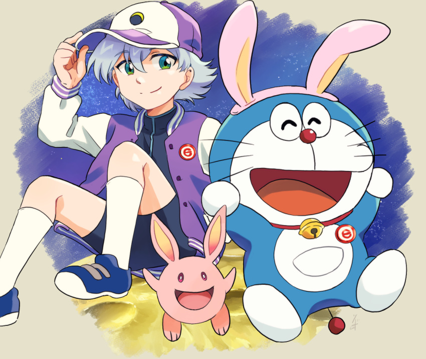 1boy animal_ears bell bike_shorts blue_hair closed_eyes collar commentary_request doraemon doraemon:_nobita_no_getsumen_tansaki doraemon_(character) fake_animal_ears green_eyes jacket jingle_bell kneehighs letterman_jacket light_blue_hair looking_at_viewer male_focus neck_bell open_mouth rabbit_ears shoes sneakers socks tsubasa_(20tb_puri) tsukino_luca whiskers white_legwear