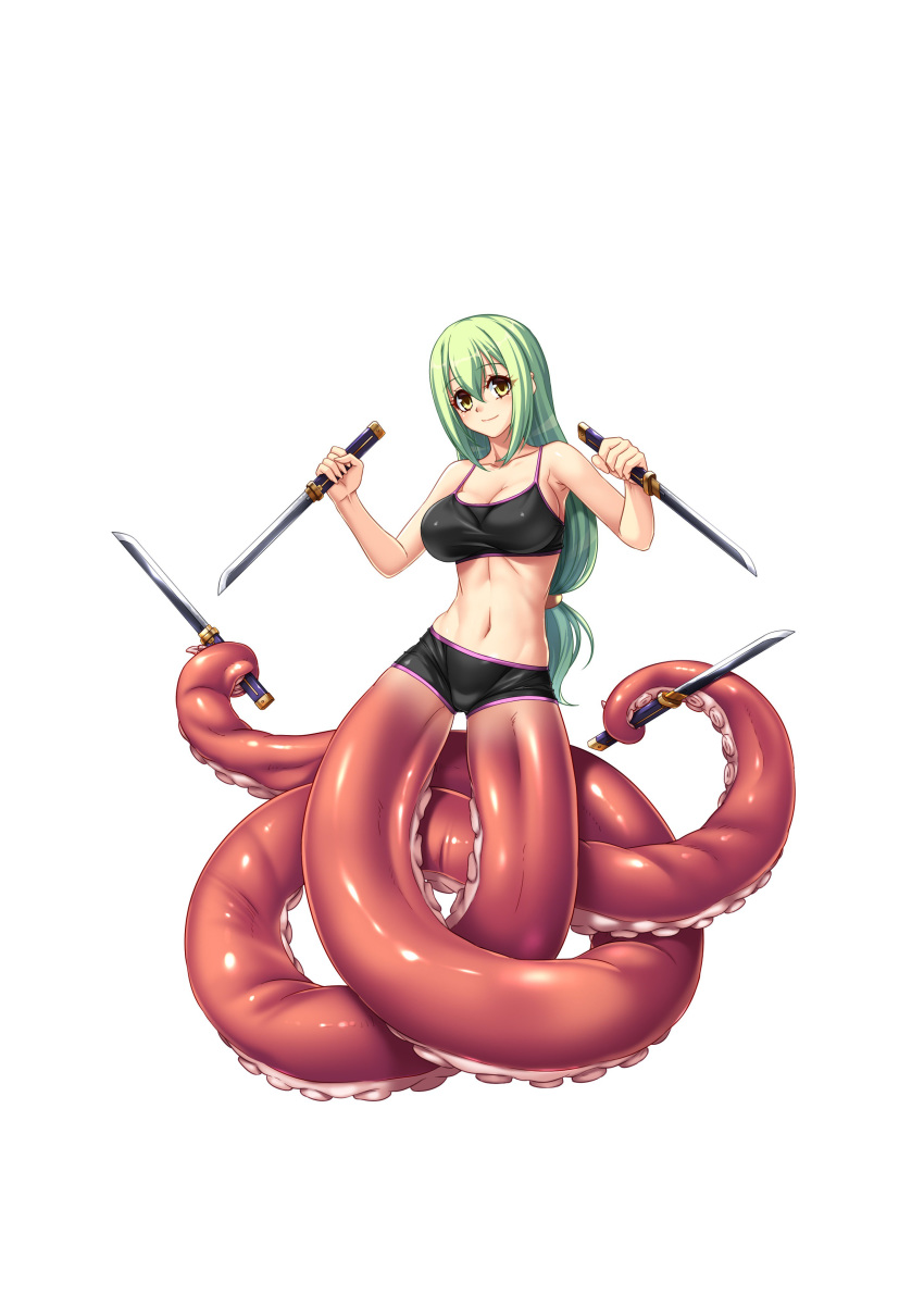 absurdres aishuu_hebiko blush breasts female female full_body green_hair highres kagami_hirotaka large_breasts lilith-soft long_hair looking_at_viewer monster_girl ninja octopus_girl official_art shiny shiny_clothes shiny_hair shiny_skin solo sword taimanin_(series) taimanin_asagi taimanin_rpgx very_long_hair weapon yellow_eyes