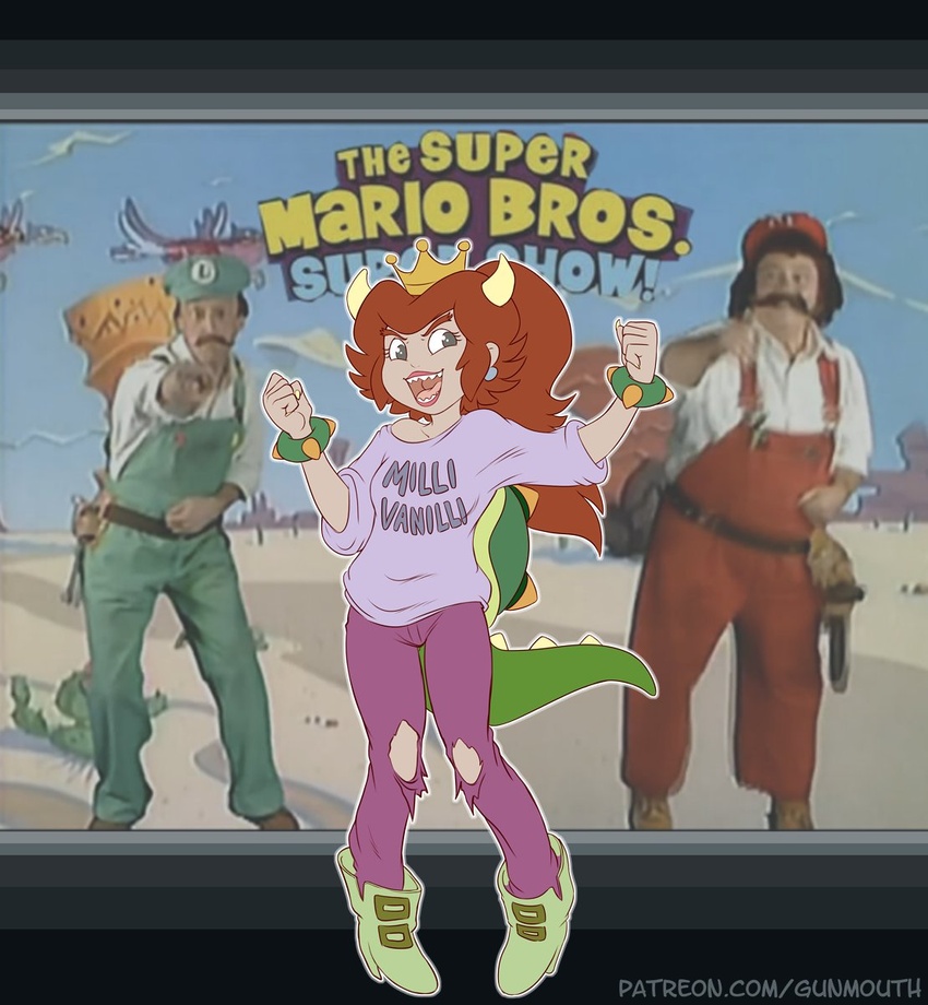 2018 5_fingers biped black_eyes bottomwear bowser bowsette_meme clothed clothing crown danny_wells denim denim_bottomwear denim_clothing english_text fingers footwear front_view gunmouth hair headgear hi_res high_heels horn human humanoid jeans lou_albano luigi mammal mario mario_bros meme milli_vanilli nintendo open_mouth pants ponytail red_hair screencap screencap_background sharp_teeth shoes standing super_crown super_mario_bros_super_show teeth text torn_bottomwear torn_clothing torn_jeans torn_pants url