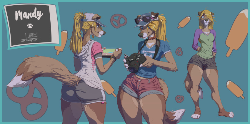 2019 anthro ass butt_pose camera canid canine canis clothed clothing dessert domestic_dog electronics eyewear female food game_console hat headgear headwear hi_res ice_cream mammal mandy_(stoopix) model_sheet multiple_images multiple_poses nintendo nintendo_switch pose solo standing stoopix sunglasses thick_thighs wide_hips