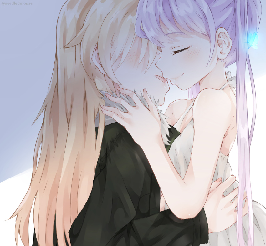 2girls bangs bare_arms bare_shoulders black_coat blonde_hair blush closed_eyes dress hands_on_another's_shoulders hands_on_another's_waist hidden_eyes highres imminent_kiss long_hair multiple_girls needledmouse new_game! purple_hair simple_background sleeveless smile suzukaze_aoba white_dress yagami_kou yuri