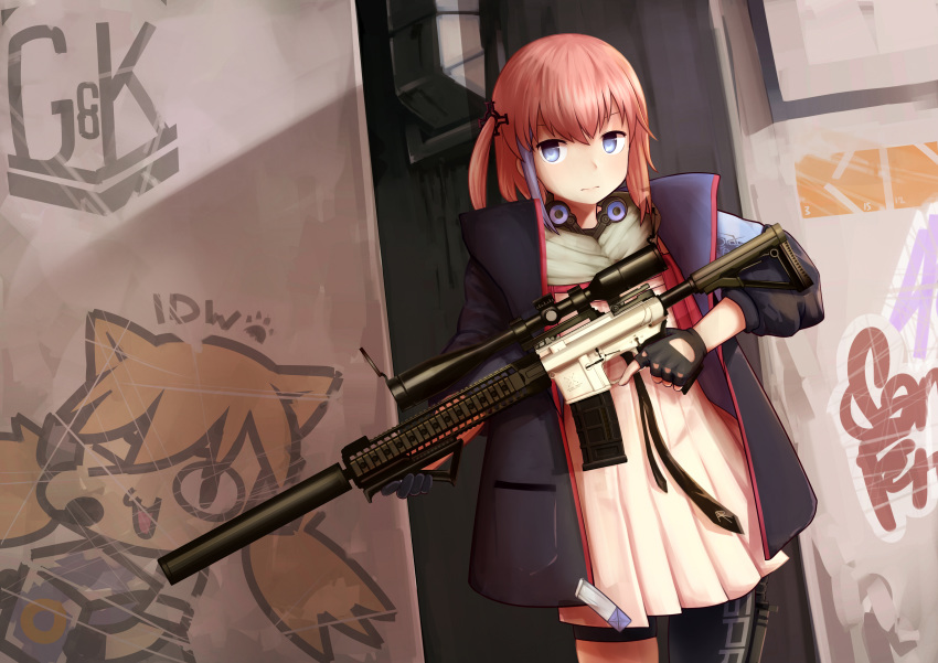 >_o absurdres ar-15 black_gloves blue_eyes blue_hair brown_hair character_name closed_mouth commentary_request core_(girls'_frontline) female fingerless_gloves girls'_frontline gloves graffiti griffin_&_kryuger gun highres holding holding_gun holding_weapon idw_(girls'_frontline) jacy looking_at_viewer one_eye_closed pantyhose rifle short_hair short_twintails sniper_rifle solo st_ar-15_(girls'_frontline) twintails wanted weapon