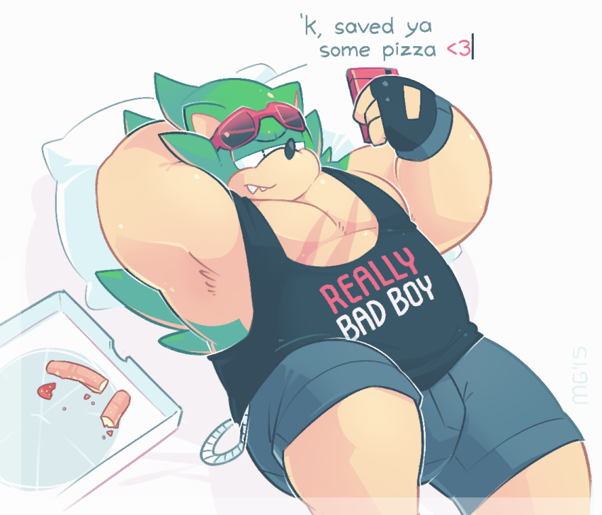 2015 anthro archie_comics bottomwear clothed clothing container electronics english_text eulipotyphlan eyewear fingerless_gloves fur gloves green_body green_fur greenendorf half-closed_eyes hand_behind_head handwear heart_symbol hedgehog lying male mammal narrowed_eyes overweight overweight_anthro overweight_male phone pillow pizza_box pizza_crust scar scourge_the_hedgehog sega shirt shorts solo sonic_the_hedgehog_(archie) sonic_the_hedgehog_(comics) sonic_the_hedgehog_(series) sunglasses tan_body tan_fur tank_top text texting topwear