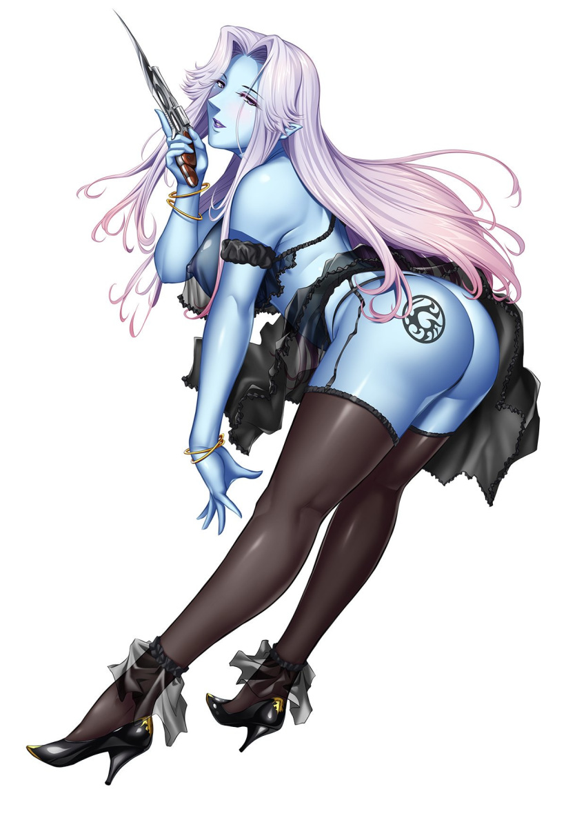 00s alberta_(taimanin_asagi) ass black_footwear blue_skin blush branded breasts female female high_heels highres huge_ass kokonoki_nao large_breasts legs lilith-soft lingerie lipstick makeup multicolored_hair nail_polish nipples official_art pink_hair point pointy_ears pumps purple_eyes revealing_clothes see-through sheer-fabric sheer_fabric shiny shiny_skin shoes solo squatting taimanin_(series) taimanin_asagi taimanin_rpgx tattoo thick_thighs thighs underwear weapon white_hairu wide_hips