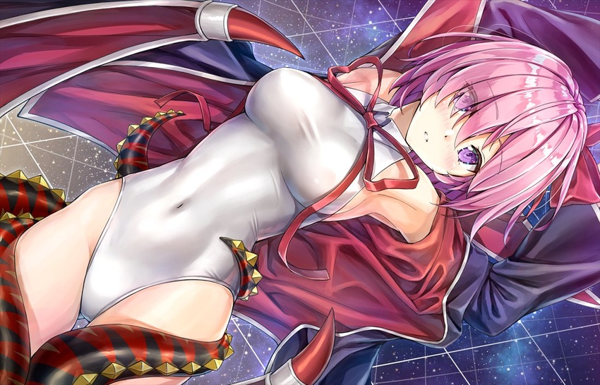 arms_up bb_(fate) bb_(swimsuit_mooncancer)_(fate) bb_(swimsuit_mooncancer)_(fate)_(cosplay) bb_(swimsuit_mooncancer)_(third_ascension)_(fate) blush bow breasts cape commentary_request cosplay eyes_visible_through_hair fate/grand_order fate_(series) female hairbow koyuki_(kotatsu358) looking_at_viewer mash_kyrielight pink_hair purple_eyes ribbon shiny shiny_clothes short_hair solo star_(symbol) starry_background swimsuit tentacle