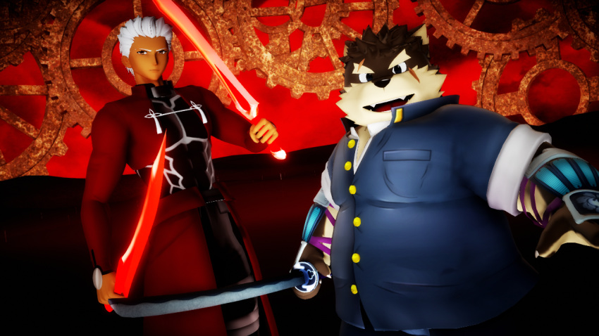 16:9 3d_(artwork) anthro archer_emiya belly blade canid canine canis digital_media_(artwork) domestic_dog fate_(series) lifewonders male malicekira mammal melee_weapon moritaka_(tas) overweight scar smile sword tokyo_afterschool_summoners type-moon weapon widescreen