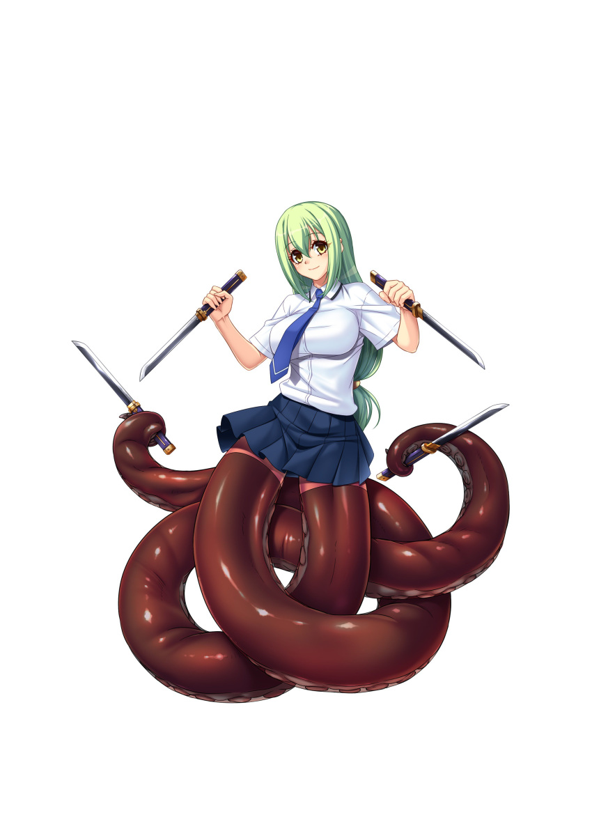 absurdres aishuu_hebiko blush breasts female female full_body green_hair highres kagami_hirotaka large_breasts lilith-soft long_hair looking_at_viewer monster_girl ninja octopus_girl official_art shiny shiny_clothes shiny_hair shiny_skin skirt solo sword taimanin_(series) taimanin_asagi taimanin_rpgx very_long_hair weapon yellow_eyes