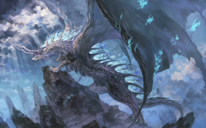 absurdres blue_eyes blue_fire blue_sky cloud commentary_request day dragon fire highres mountain outdoors photoshop_(medium) pixiv_fantasia pixiv_fantasia_last_saga sakaya313 sky solo sostenuto sunlight