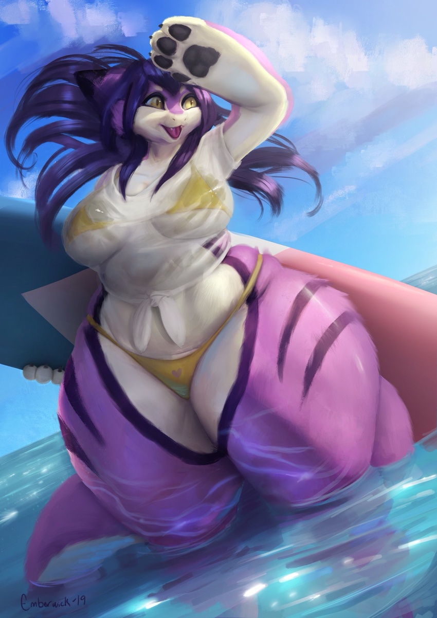 2019 anthro big_breasts breasts clothed clothing curvy_figure emberwick female fur hair hi_res huge_thighs long_hair mammal open_mouth outside purple_body purple_fur purple_hair sea slightly_chubby solo surfboard thick_thighs translucent translucent_clothing tsukiyo unknown_species vehicle voluptuous water watercraft wet wet_clothing white_body white_fur wide_hips yellow_eyes