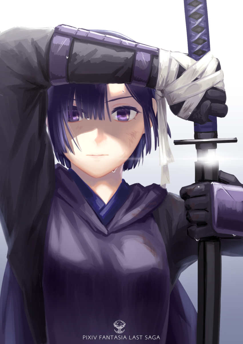 black_gloves cape commentary_request copyright_name dirty dirty_face female glint gloves highres holding holding_sword holding_weapon inna_the_queen_of_the_ruined_country katana pixiv_fantasia pixiv_fantasia_last_saga purple_eyes purple_hair sheath short_hair solo sweat sword unsheathing upper_body weapon yukimarunisiki