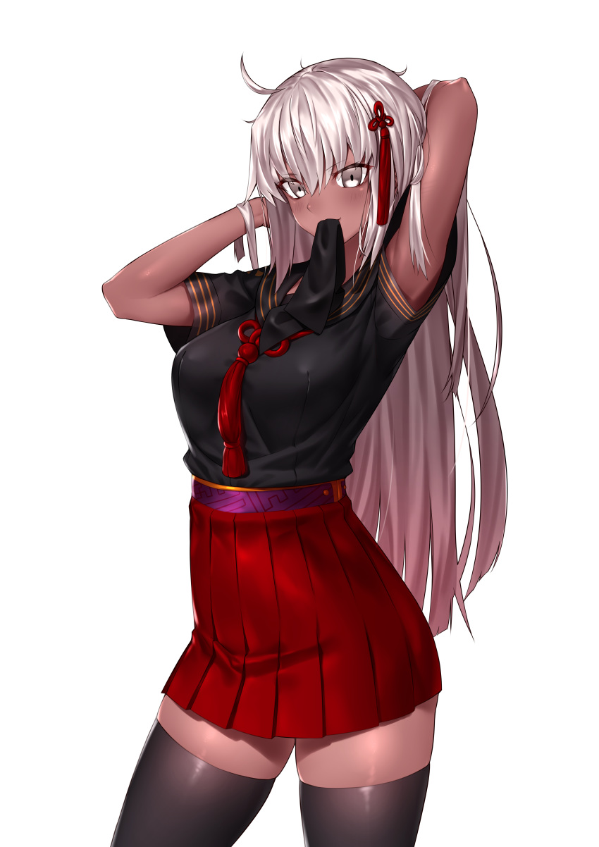 absurdres adapted_costume ahoge arm_behind_head arms_up black_shirt black_thighhighs commentary cowboy_shot dark-skinned_female dark_skin fate/grand_order fate_(series) female hair_ornament high-waist_skirt highres kai_(pixiv12466647) long_hair mouth_hold okita_souji_(fate) okita_souji_alter_(fate) red_skirt school_uniform shirt short_sleeves simple_background skirt solo standing tassel thighhighs white_background white_eyes white_hair