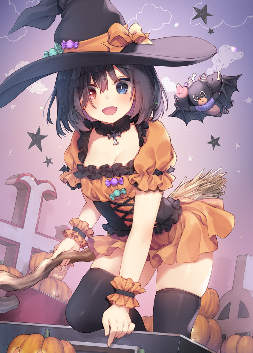 blue_eyes breasts broom candy female food halloween hat highres large_breasts liar2_official liar_liar multicolored_eyes official_art open_mouth pumpkin red_eyes solo thighhighs witch_hat