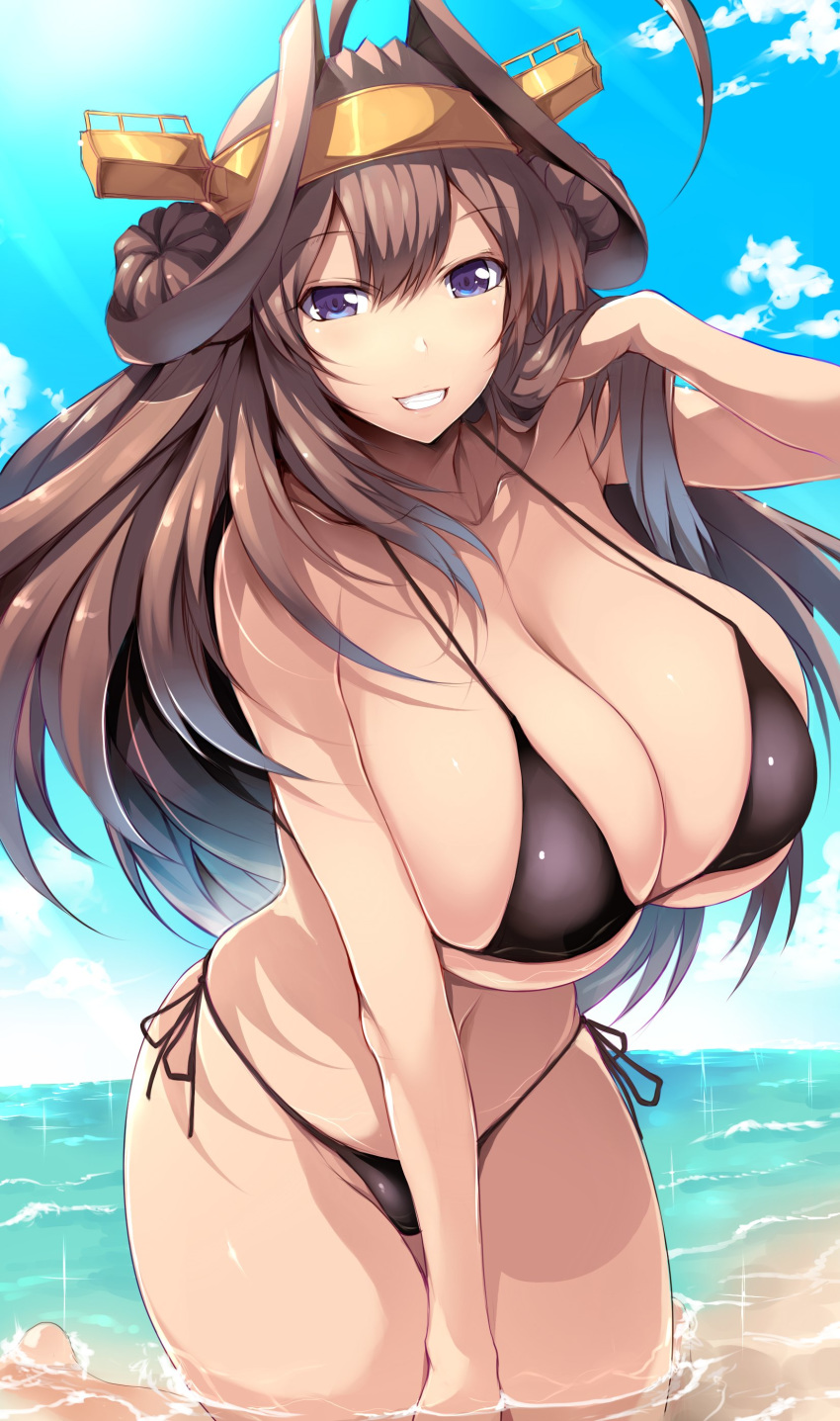 absurdres ahoge bikini black_bikini blue_eyes blue_sky breasts brown_hair cleavage cloud collarbone day double_bun female grin hair_bun hand_in_own_hair highres horizon huge_ahoge huge_breasts kantai_collection kneeling kneeling_on_liquid kongou_(kancolle) long_hair looking_at_viewer ocean side-tie_bikini_bottom sky smile solo sparkle swimsuit teeth thick_thighs thighs tsukasawa_takamatsu very_long_hair