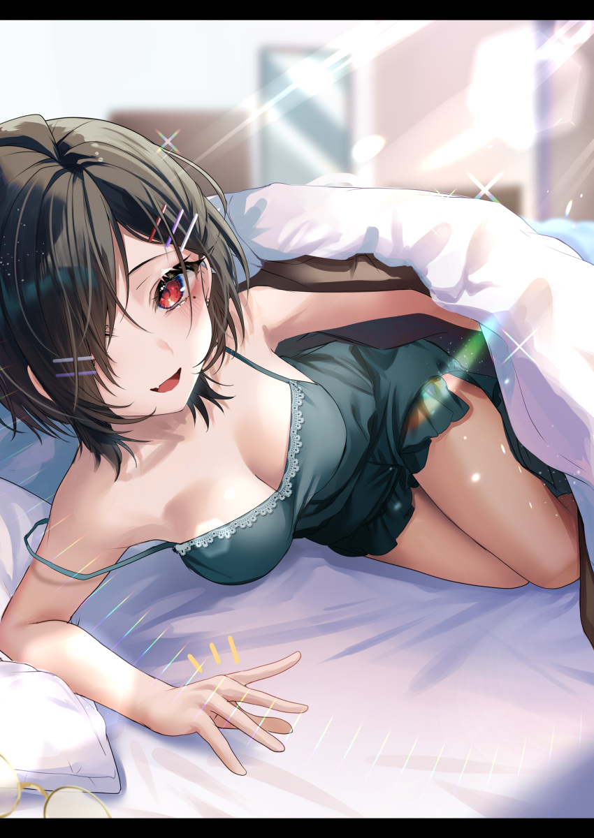 absurdres bare_legs bed bed_invitation bed_sheet bedroom black_hair blurry blurry_background blush bokeh breasts cleavage collarbone come_hither depth_of_field female glasses green_nightgown hair_ornament hair_over_one_eye hairclip highres lens_flare letterboxed light_particles light_rays looking_at_viewer looking_for_glasses medium_breasts mole mole_under_eye nightgown oerba_yun_fang off_shoulder on_bed open_mouth original red_eyes round_eyewear short_hair smile solo strap_slip thighs under_covers unworn_eyewear waking_up yellow-framed_eyewear yufou