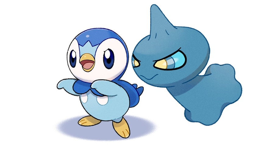 blue_eyes closed_mouth commentary_request no_humans official_art open_mouth piplup pokemon pokemon_(creature) project_pochama shuppet smile standing toes tongue white_background