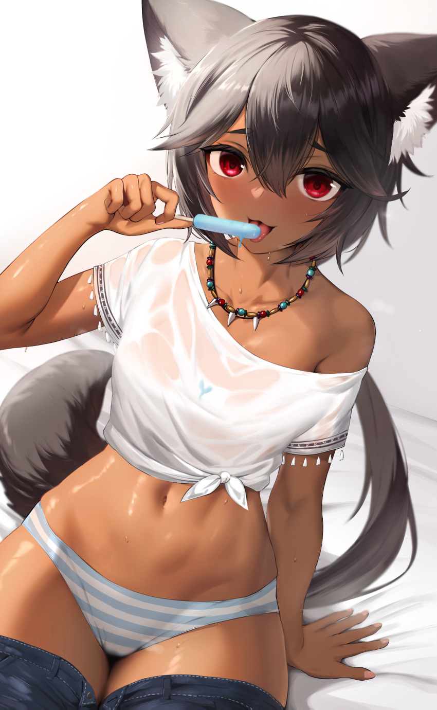 absurdres animal_ear_fluff animal_ears black_hair blush clothes_pull commentary_request crop_top dark-skinned_female dark_skin female food hair_between_eyes highres holding holding_food jewelry long_hair looking_at_viewer mathew_(srmmk_mce) midriff navel necklace on_bed open_mouth original panties popsicle red_eyes short_sleeves simple_background sitting solo striped_clothes striped_panties sweat tail tongue tongue_out underwear very_long_hair white_background