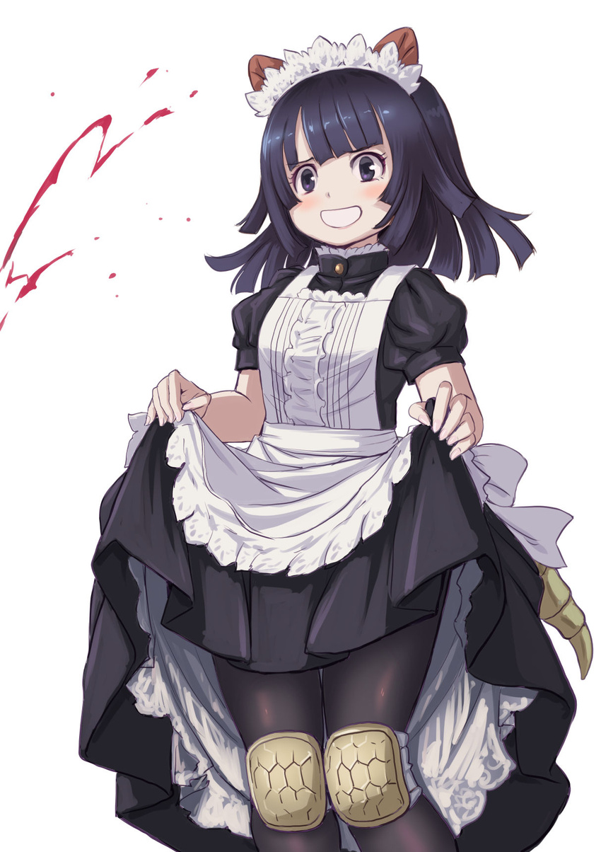 :d apron armadillo_ears armadillo_tail bare_arms black_dress black_hair black_pantyhose blood blood_spray blunt_bangs blush clothes_lift dress dress_lift feet_out_of_frame female furrowed_brow giant_armadillo_(kemono_friends) hands_up highres kemono_friends knee_pads kosai_takayuki lifting_own_clothes light_blush maid maid_apron maid_headdress medium_hair official_alternate_costume pale_skin pantyhose puffy_short_sleeves puffy_sleeves purple_eyes short_sleeves simple_background smile solo standing tail thigh_gap white_apron white_background