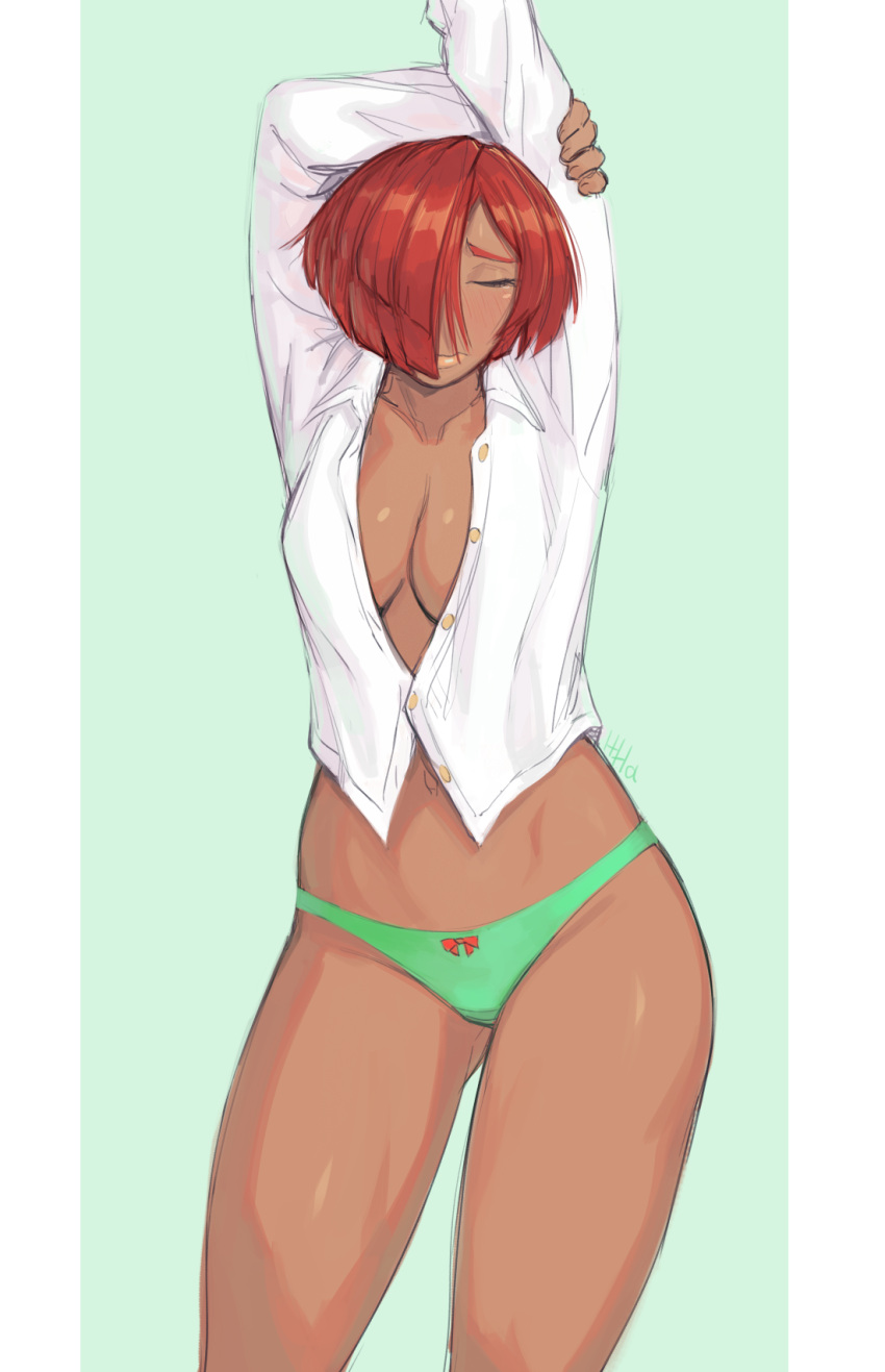 arm_behind_head arms_up blue_eyes bow bow_panties breasts closed_eyes collarbone commentary dark-skinned_female dark_skin facing_viewer female giovanna_(guilty_gear) green_background green_panties guilty_gear guilty_gear_strive hair_over_one_eye highres ittla large_breasts long_sleeves navel no_bra no_pants panties partially_unbuttoned red_hair shirt short_hair simple_background solo underwear white_shirt