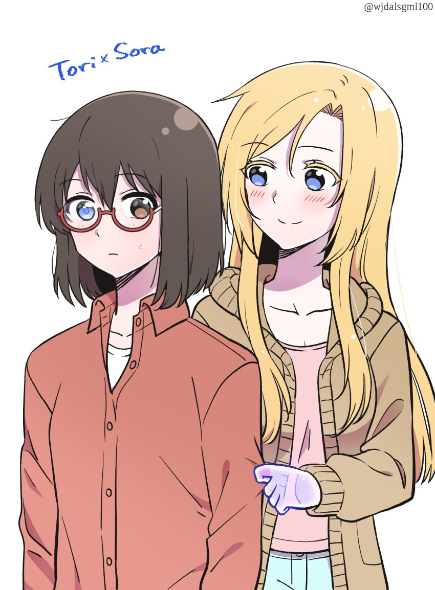 2girls bad_id bad_twitter_id blonde_hair blue_eyes brown_hair glasses heterochromia highres kamikoshi_sorawo kumaman long_hair multiple_girls nishina_toriko short_hair transparent_hand urasekai_picnic yuri