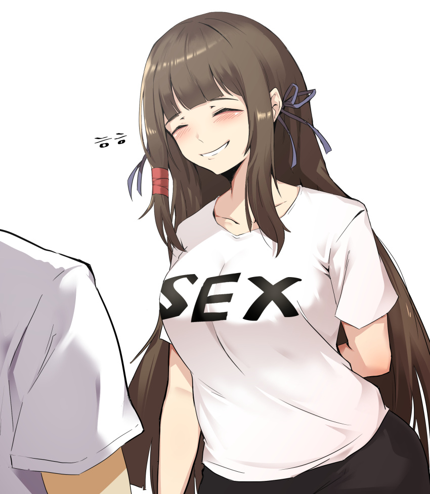 1boy arm_behind_back blush brown_hair closed_eyes clothes_writing commentary_request female hair_ornament halusal-i highres korean_commentary last_origin long_hair scissors_lise shirt simple_background smile straight_hair white_background white_shirt