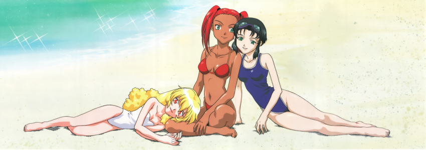 3girls aqua_eyes arm_support barefoot beach bikini black_hair blonde_hair blue_one-piece_swimsuit casual_one-piece_swimsuit crossover dark-skinned_female dark_skin day el_hazard goggles goggles_on_head green_eyes head_rest kumashiro_sakuya lap_pillow long_hair lying mahou_shoujo_pretty_sammy multiple_girls navel no_bangs non-web_source official_art on_side one-piece_swimsuit outdoors own_hands_together pixy_misa red_bikini red_eyes red_hair shayla-shayla shin_tenchi_muyou! short_hair sitting smile strapless strapless_one-piece_swimsuit swimsuit tenchi_muyou! twintails white_one-piece_swimsuit