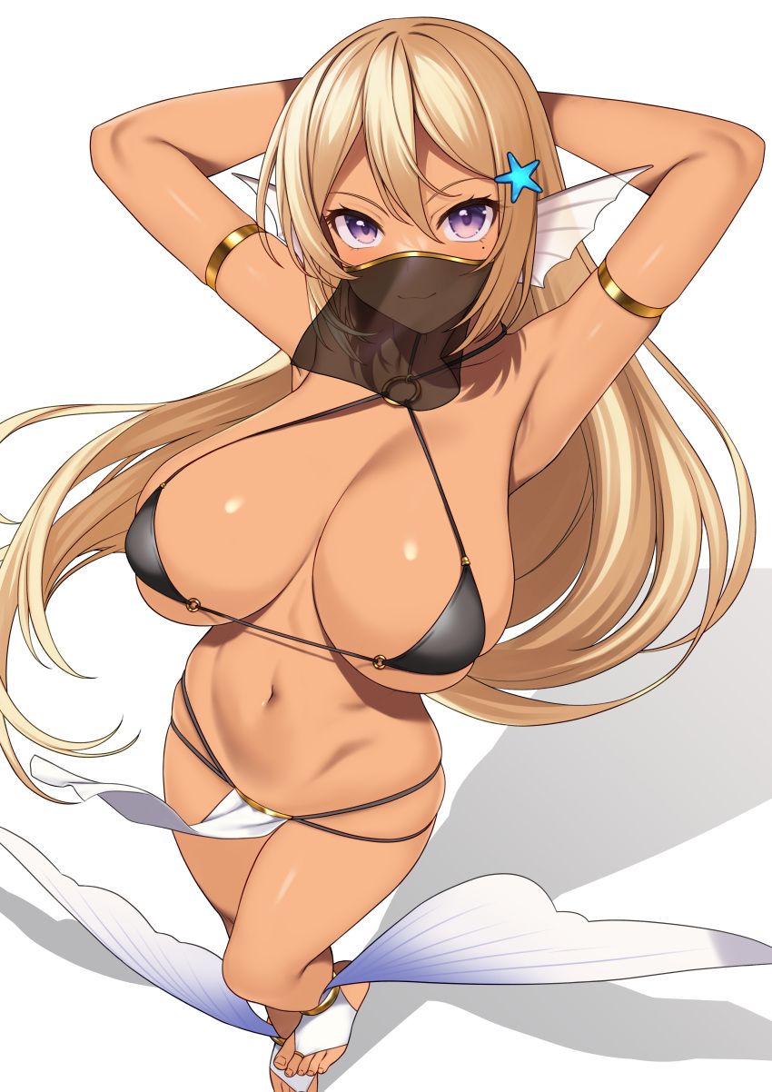 absurdres armlet armpits arms_behind_head bare_arms barefoot bikini black_bikini blonde_hair breasts cleavage closed_mouth commentary_request commission criss-cross_halter dancer dark-skinned_female dark_skin enjo_kouhai era_(takunomi) feet female fins fish_girl floating_hair hair_between_eyes halterneck head_fins highres large_breasts long_hair looking_at_viewer mole mole_under_eye mouth_veil multi-strapped_bikini navel o-ring o-ring_top pelvic_curtain purple_eyes see-through shadow sidelocks simple_background skeb_commission skindentation smile solo standing standing_on_one_leg starfish_hair_ornament stomach string_bikini swimsuit takunomi toeless_footwear toes veil white_background white_footwear