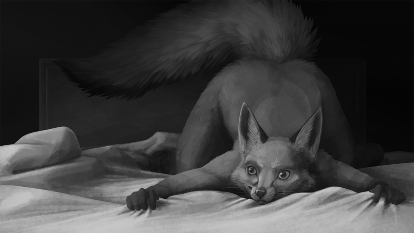 16:9 2020 all_fours ambiguous_gender anthro ass ass_up bed bed_sheet bedding canid canine female_(lore) fluffy fluffy_tail fox fur furniture grabbing_sheets greyscale inner_ear_fluff ipoke light lighting mammal monochrome nude raised_tail shaded solo tail tuft whiskers widescreen