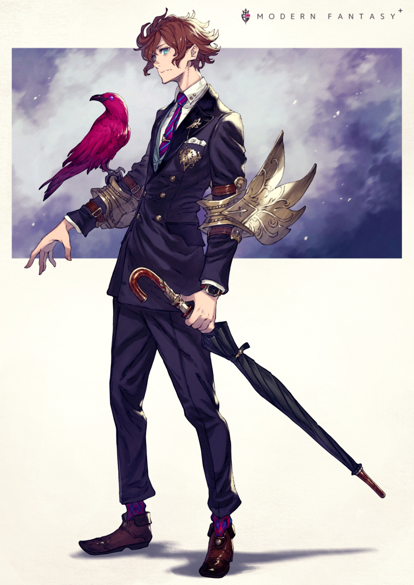 1boy animal animal_on_arm armor bird bird_on_arm blue_eyes brown_footwear brown_hair closed_mouth fingernails formal glint highres holding holding_sword holding_umbrella holding_weapon kusano_shinta male_focus necktie original photoshop_(medium) purple_eyes purple_necktie scabbard sheath socks standing striped striped_necktie suit sword umbrella umbrella_sword unsheathing watch weapon