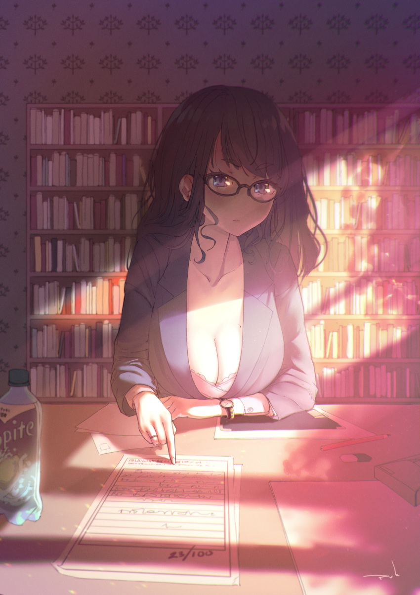 academic_test black_hair blazer bookshelf breasts cleavage collarbone commentary_request dappled_sunlight failure female glasses highres indoors jacket jewelry large_breasts looking_at_viewer mole mole_on_breast office_lady original paper plunging_neckline pointing portrait product_placement puk_(higanbana_doujin) purple_eyes raised_eyebrow ring short_eyebrows solo sprite_(drink) sunlight teacher test_score watch wedding_ring wristwatch