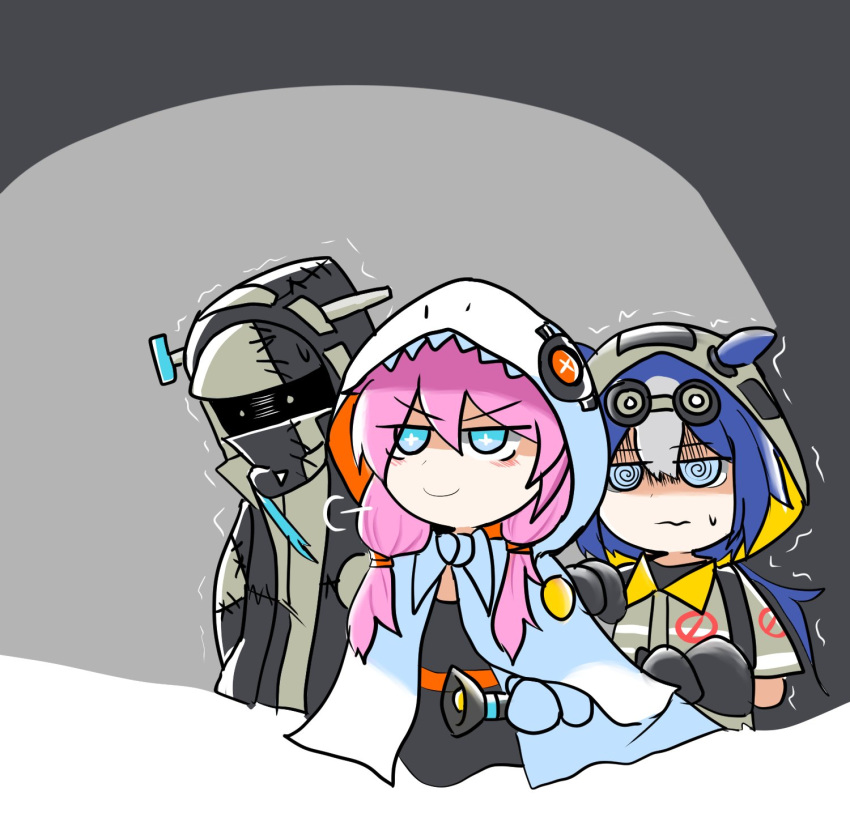 1other 2girls @_@ alternate_costume ambiguous_gender arknights blue_eyes blue_hair blue_poison_(arknights) blush cloak closed_mouth commentary doctor_(arknights) ears_through_headwear glaucus_(arknights) glaucus_(exterminator_in_the_square)_(arknights) gloves halloween hand_on_another's_shoulder highres hood hood_up hooded_cloak jacket low_ponytail low_twintails multicolored_hair multiple_girls official_alternate_costume omo_(h98013114) pink_hair short_sleeves streaked_hair sweatdrop symbol-only_commentary tears trembling turn_pale twintails wavy_mouth