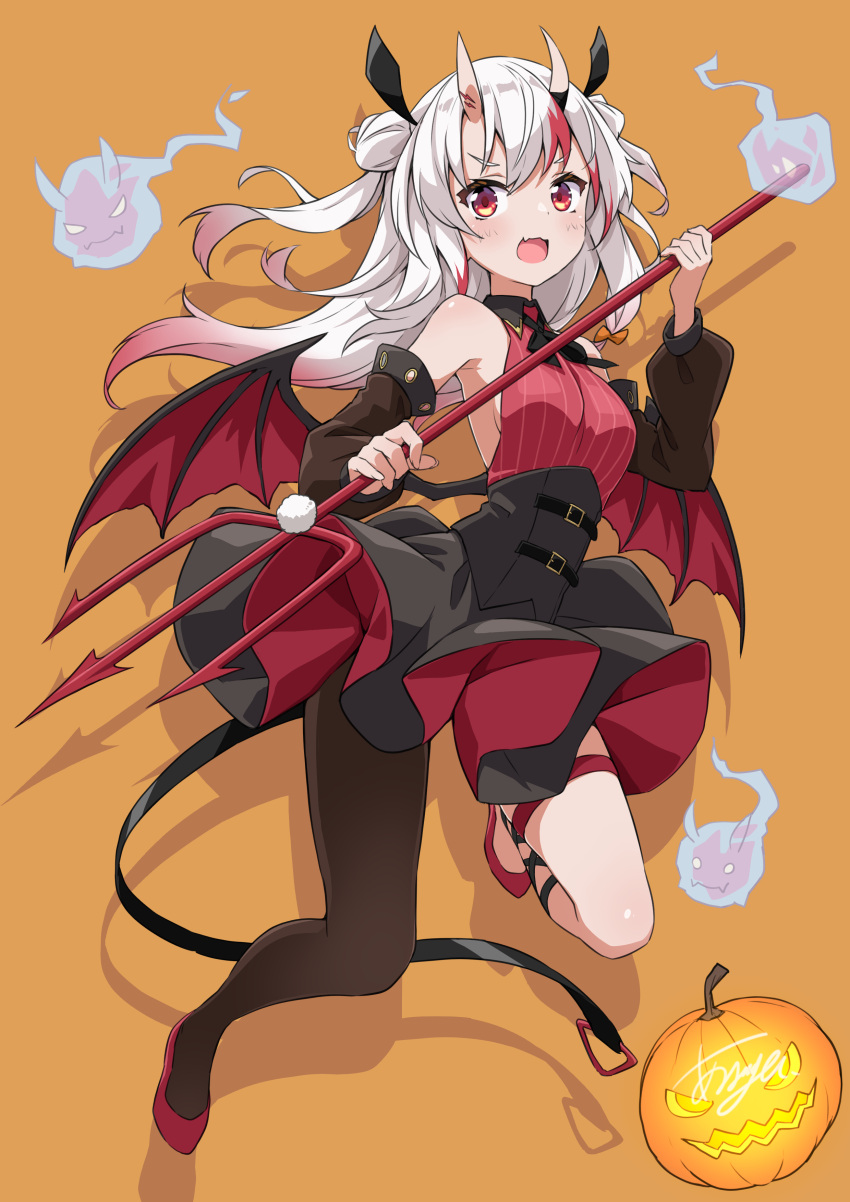 absurdres asanaya bat_wings black_legwear blush breasts commentary_request detached_sleeves double_bun female full_body gradient_hair hair_bun halloween highres holding holding_polearm holding_weapon hololive horns jack-o'-lantern long_hair looking_at_viewer multicolored_hair nakiri_ayame oerba_yun_fang open_mouth orange_background polearm pumpkin red_eyes red_footwear red_hair shoes sideboob simple_background single_leg_pantyhose skin-covered_horns skin_fang solo streaked_hair thigh_strap trident virtual_youtuber weapon white_hair wings