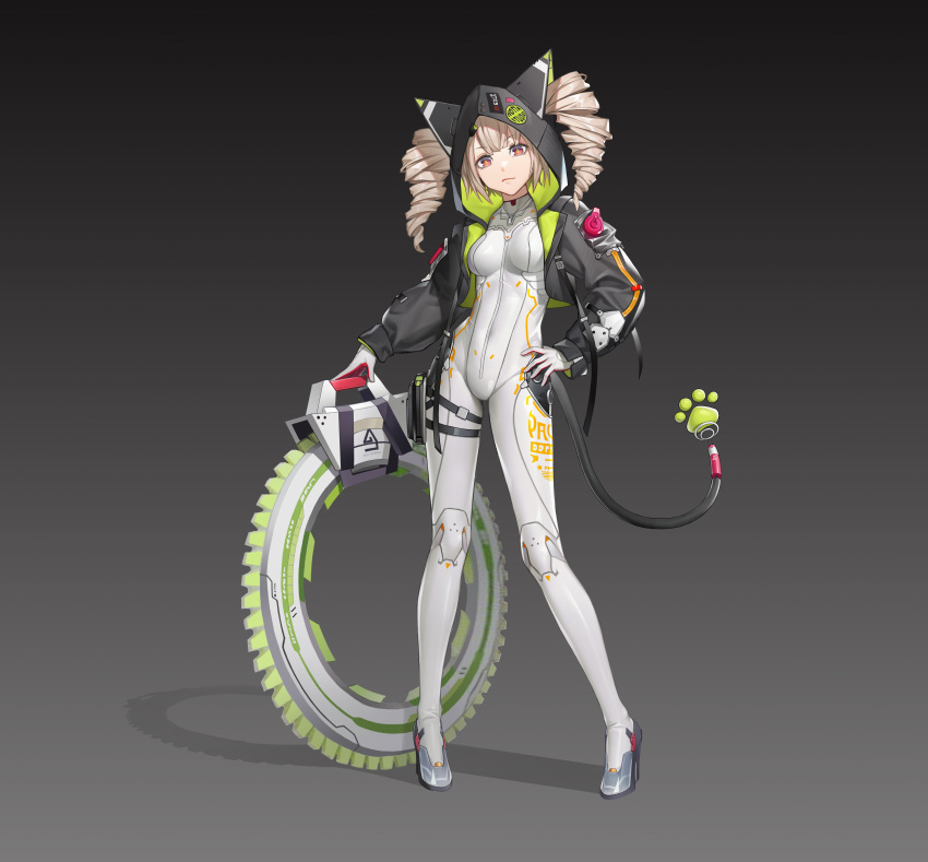 absurdres animal_ears black_background black_jacket blonde_hair bodysuit breasts cat_ears cat_tail chakram cyan_(user_uefk4847) drill_hair fake_animal_ears fake_tail female full_body gloves grey_background high_heels highres hood hooded_jacket jacket long_hair looking_at_viewer medium_breasts open_clothes open_jacket red_eyes shiro_(tower_of_fantasy) simple_background skin_tight solo standing tachi-e tail tower_of_fantasy twin_drills weapon white_bodysuit white_gloves