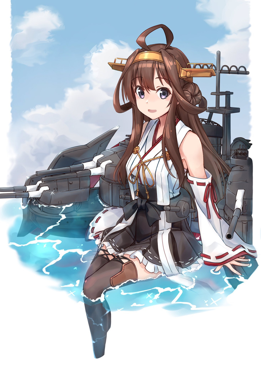 ahoge bare_shoulders black_hakama black_skirt black_thighhighs blue_sky brown_hair closed_mouth cloud detached_sleeves double_bun female hair_between_eyes hair_bun hairband hakama hakama_short_skirt hakama_skirt headgear highres japanese_clothes kantai_collection kongou_(kancolle) kongou_kai_ni_(kancolle) long_hair looking_at_viewer machinery minosu nontraditional_miko open_mouth pleated_skirt purple_eyes revision ribbon-trimmed_sleeves ribbon_trim rigging skirt sky smile solo thighhighs turret wide_sleeves