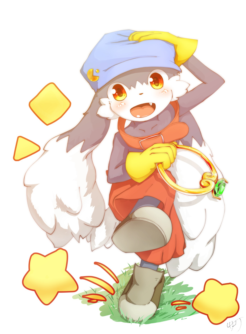 anthro bandai_namco blush bottomwear clothing collar domestic_cat felid feline felis footwear gloves grass handwear hat headgear headwear hi_res klonoa klonoa_(series) long_ears male mammal plant popkage ring shoes shorts smile solo yellow_eyes