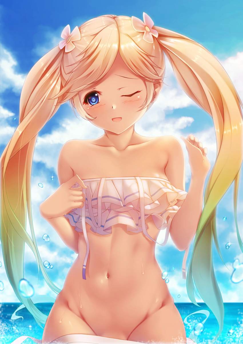 bikini blonde_hair blue_eyes blue_sky blush breasts collarbone commentary_request female flower frilled_bikini frills gradient_hair granblue_fantasy hair_flower hair_ornament haruhi_tamako highres io_(granblue_fantasy) io_(summer)_(granblue_fantasy) long_hair looking_at_viewer medium_breasts multicolored_hair navel ocean official_alternate_costume one_eye_closed open_mouth outdoors rainbow_hair revision sky smile solo swept_bangs swimsuit tan twintails white_bikini