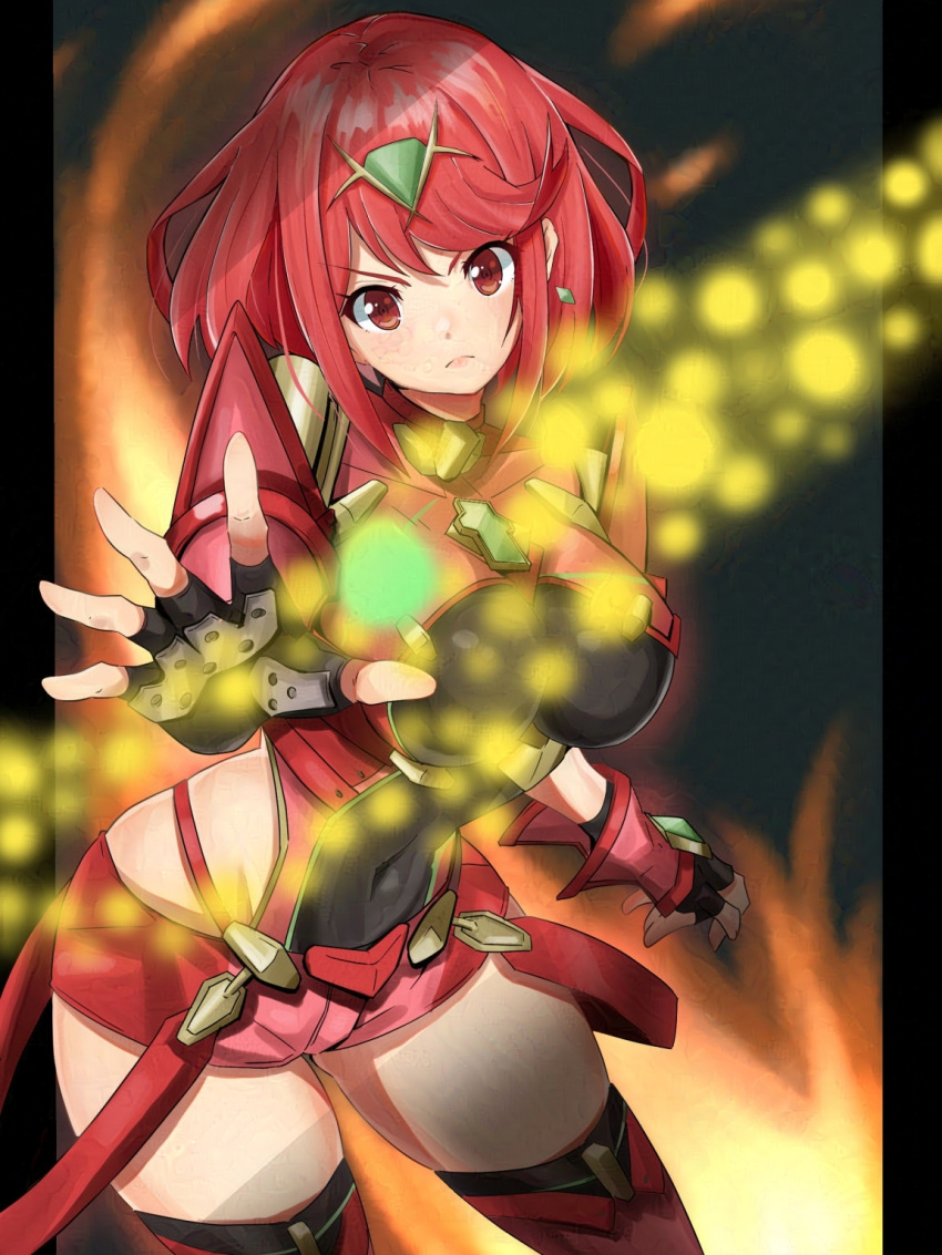 armor backless_outfit black_gloves blurry blurry_background bob_cut breasts chest_jewel cowboy_shot diamond_earrings drop_earrings earrings female fingerless_gloves fire gloves highena highres impossible_clothes jewelry large_breasts looking_at_viewer open_hand pyra_(xenoblade) red_eyes red_hair short_hair shoulder_armor solo swept_bangs tiara v-shaped_eyebrows xenoblade_chronicles_(series) xenoblade_chronicles_2