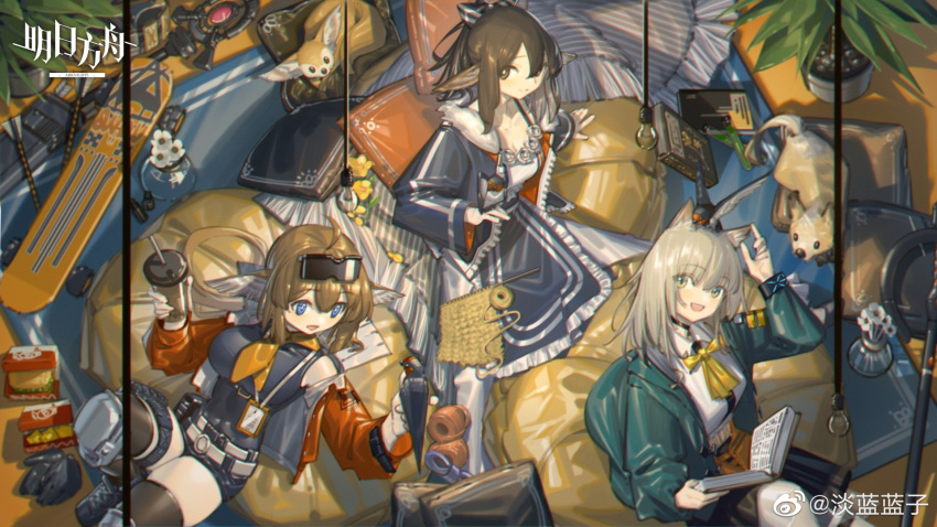 3girls :d aciddrop_(arknights) ahoge animal animal_ears animal_on_head arknights arm_up arrow_(projectile) bare_shoulders belt belt_pouch bird bird_ears bird_on_hand bird_on_head black_choker black_footwear black_jumpsuit black_shirt black_shorts black_skirt black_thighhighs blonde_hair blue_eyes book box bracelet breasts brown_eyes brown_hair bubble_tea burger canine choker cleavage collared_shirt covered_navel cup cushion disposable_cup dog_ears eyewear_on_head flower food fox fox_ears frilled_skirt frills from_above gloves green_jacket guest_art highres holding holding_book holding_cup id_card impossible_clothes impossible_shirt infection_monitor_(arknights) jacket jewelry jumpsuit knee_pads lanzi_(415460661) large_breasts light_bulb long_hair long_sleeves looking_at_viewer looking_up lying medium_breasts multiple_girls neck_ribbon off_shoulder on_back on_head open_book open_clothes open_jacket open_mouth perfumer_(arknights) petals pillow plant podenco_(arknights) ponytail potted_plant pouch red_jacket ribbon shirt shoes short_shorts shorts sitting skateboard skirt smile staff sunglasses test_tube thigh_strap thighhighs unworn_gloves vase white_flower wool yellow_eyes yellow_flower yellow_ribbon