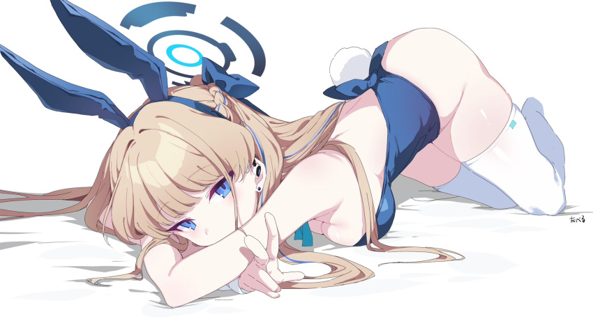 animal_ears aqua_bow aqua_bowtie ass blonde_hair blue_archive blue_eyes blue_hairband blue_halo blue_leotard blunt_bangs bow bowtie breasts commentary_request detached_collar earpiece fake_animal_ears fake_tail female hairband halo highleg highleg_leotard highres leotard long_hair lying medium_breasts official_alternate_costume playboy_bunny rabbit_ears rabbit_tail solo strapless strapless_leotard tail thighhighs toki_(blue_archive) toki_(bunny)_(blue_archive) top-down_bottom-up v very_long_hair white_thighhighs white_wrist_cuffs wrist_cuffs youguo_naberu