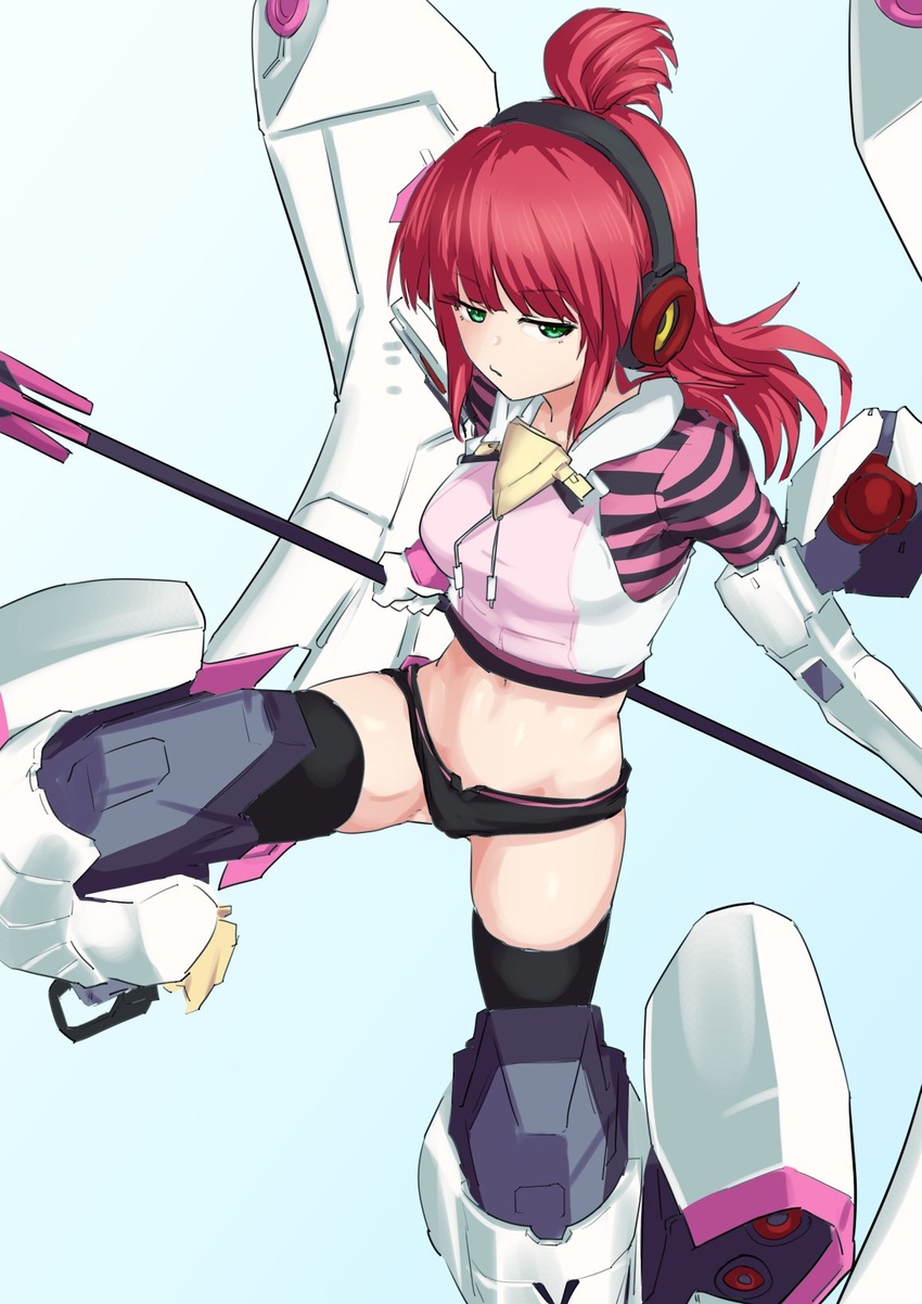 alice_gear_aegis black_legwear breasts commentary_request female fujino_yayoi green_eyes headphones highres holding holding_weapon long_hair mecha_musume mechanical_parts medium_breasts nikomiudon_06 polearm red_hair short_shorts shorts spear sweater thighhighs weapon white_sweater