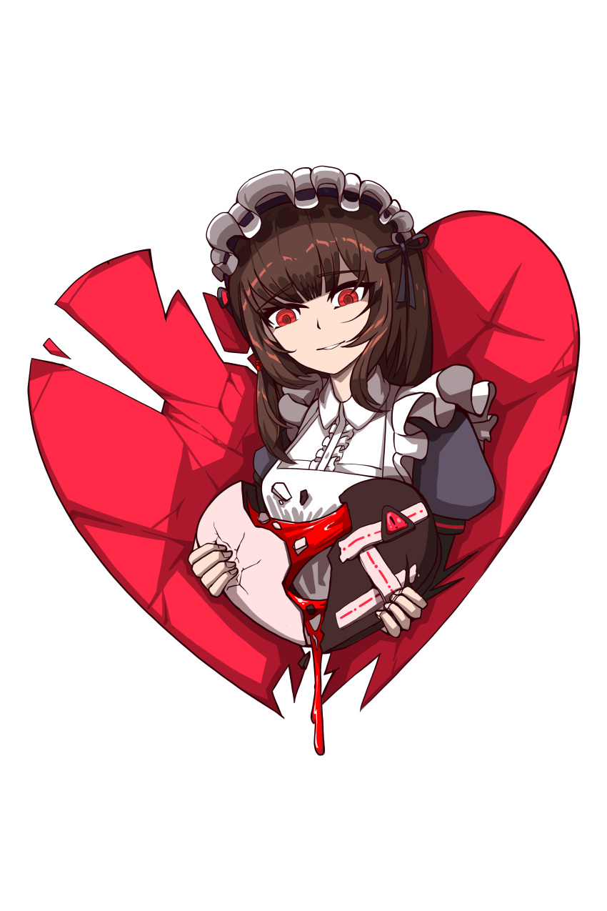 absurdres apron broken_heart brown_hair colorized commission crushing female hair_ornament heart highres holding last_origin long_hair maid maid_headdress red_eyes scissors_lise smile taphris transparent_background valentine yandere