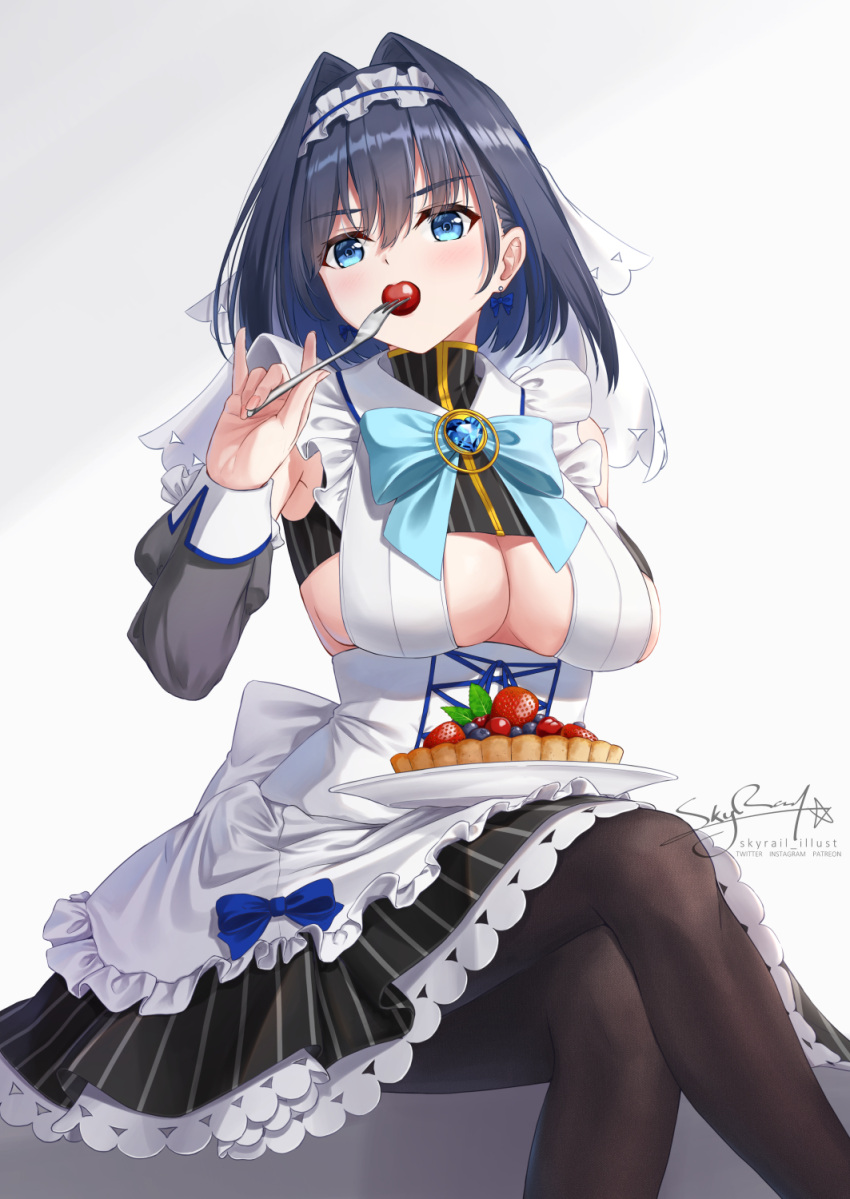 adapted_costume alternate_costume apron black_pantyhose blue_eyes blue_hair blueberry breasts cherry cleavage_cutout clothing_cutout corset crossed_legs detached_sleeves eating enmaided female food fork frills fruit fruit_tart hair_intakes highres holding holding_fork hololive hololive_english large_breasts maid maid_apron maid_headdress on_lap ouro_kronii ouro_kronii_(1st_costume) pantyhose plate short_hair simple_background sitting skyrail solo strawberry tart_(food) veil virtual_youtuber white_background