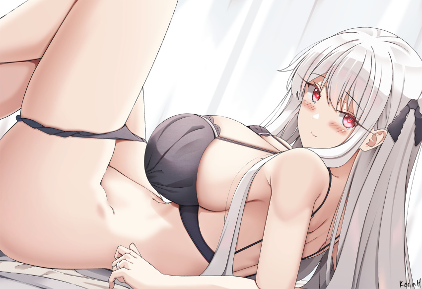 bad_id bad_pixiv_id bare_shoulders black_bra black_panties blush bra breasts crossed_legs female girls'_frontline hair_between_eyes heart heart-shaped_pupils highres huge_breasts kar98k_(girls'_frontline) keenh lace-trimmed_bra lace_trim long_hair looking_at_viewer panties panty_pull red_eyes sidelocks smile solo symbol-shaped_pupils thighs underwear very_long_hair white_hair