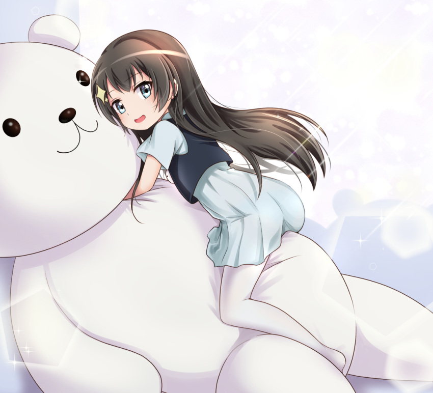 ass black_shirt blue_dress blue_eyes brown_hair dress female from_side hair_ornament hairclip hug hugging_object kagura_hikari lolicon long_hair looking_back open_mouth oversized_object pantyhose shirt shoujo_kageki_revue_starlight sleeveless sleeveless_shirt smile solo stuffed_animal stuffed_toy teddy_bear white_pantyhose yuetan_(ssvs73608)