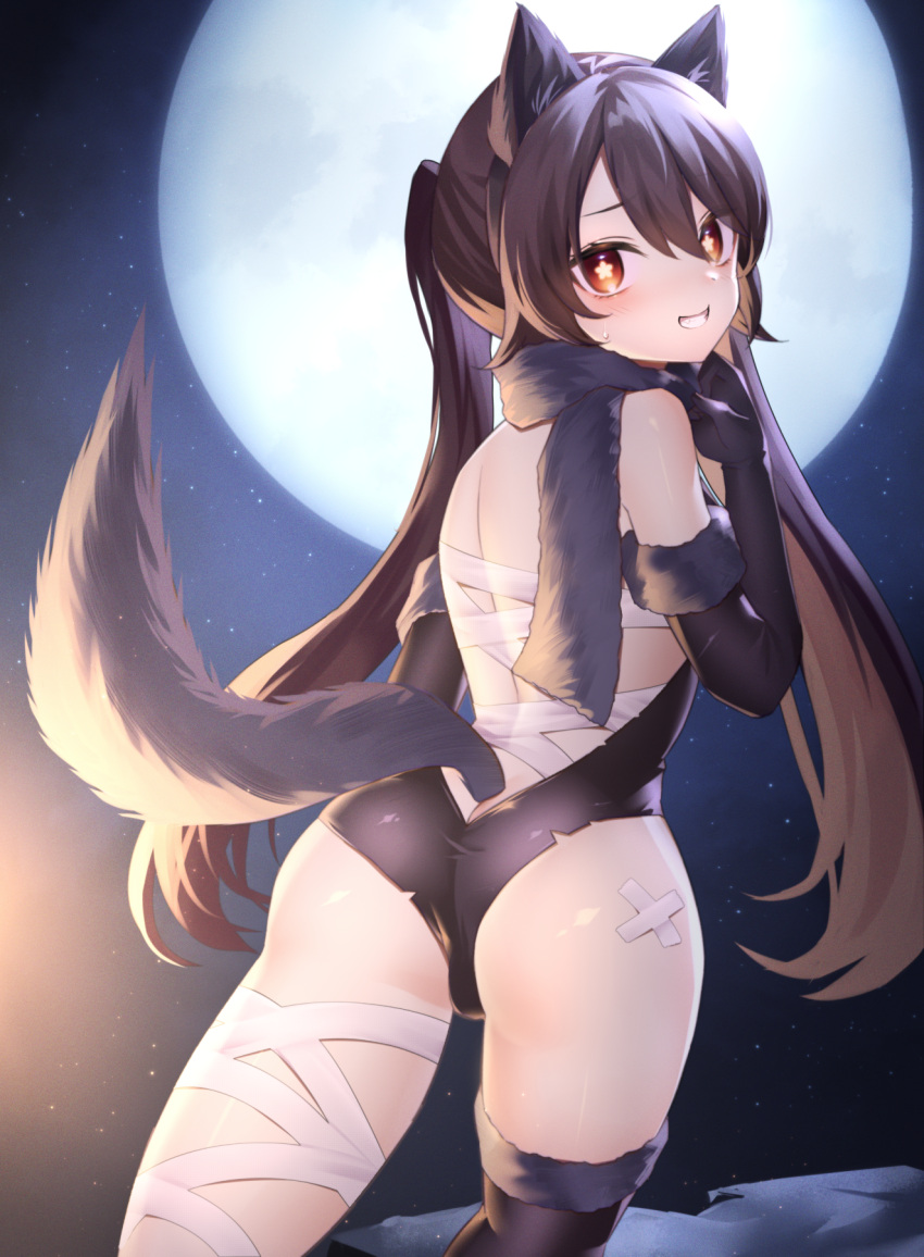 animal_ears ass bandaged_leg bandages blush brown_hair commentary elbow_gloves fat_mons female flower-shaped_pupils fur_trim genshin_impact gloves grin hair_between_eyes highres hu_tao_(genshin_impact) long_hair looking_at_viewer moon neit_ni_sei red_eyes scarf single_thighhigh smile solo symbol-shaped_pupils tail thighhighs thighs twintails very_long_hair wolf_ears wolf_girl wolf_tail