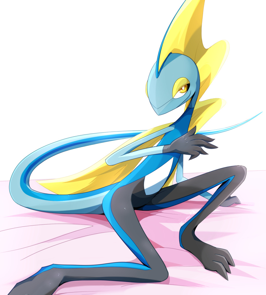 2020 3_toes 5_fingers ambiguous_gender anthro black_body blue_body cape clothing feet fingers generation_8_pokemon gloves handwear hi_res inteleon nintendo pokemon pokemon_(species) reptile scalie simple_background sitting smile solo toes white_background yellow_body yellow_eyes zymonasyh