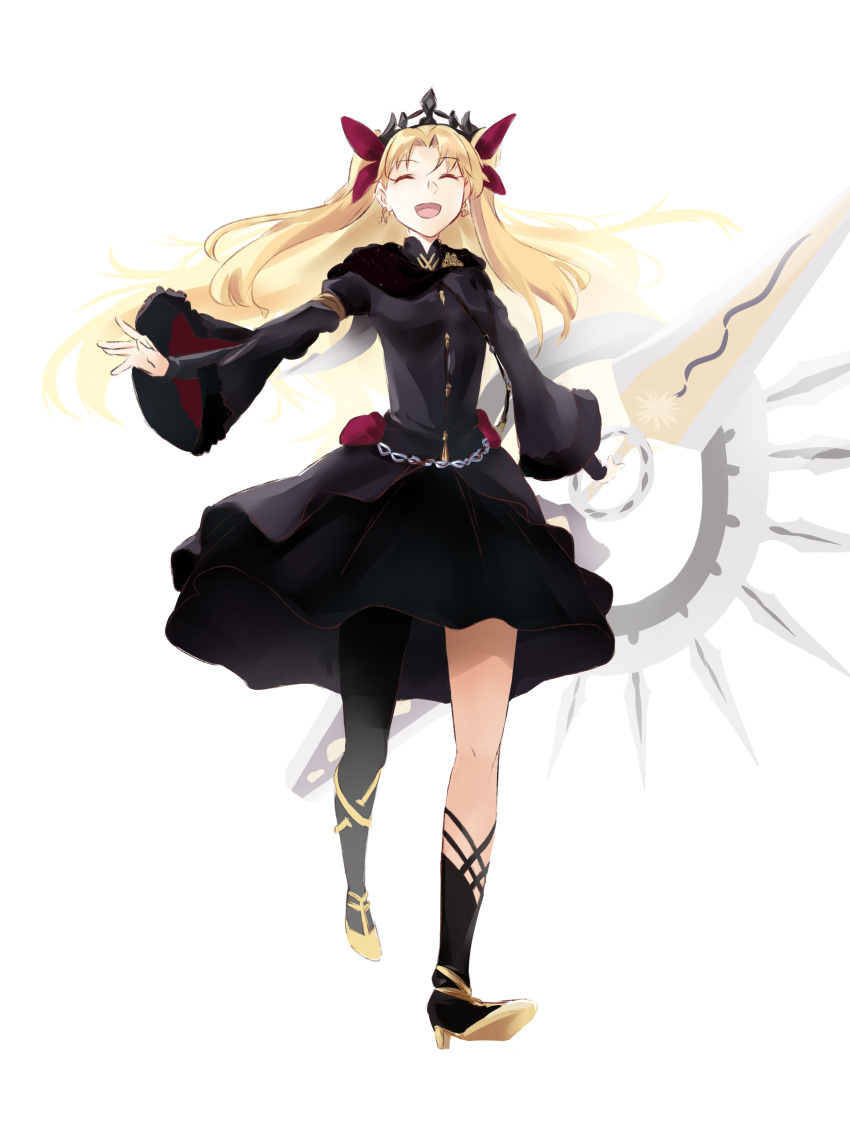 absurdres black_dress black_thighhighs blonde_hair breasts chains closed_eyes coffeekite dress earrings ereshkigal_(fate) ereshkigal_(third_ascension)_(fate) fate/grand_order fate_(series) female full_body gold_trim hair_ribbon highres hoop_earrings jewelry legs long_hair long_sleeves medium_breasts meslamtaea_(weapon) open_mouth parted_bangs ribbon single_sleeve single_thighhigh skull smile solo thighhighs tiara two_side_up weapon